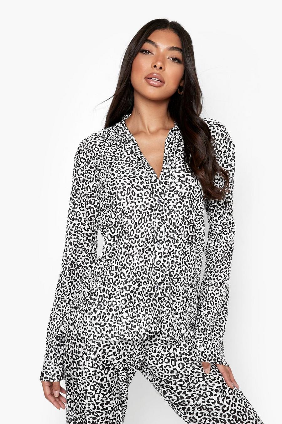 Black Tall Leopard Print Plisse Shirt