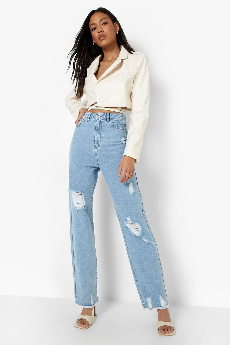 דהוי קלות ג'ינס אסיד ווש בגזרת בויפרנד עם קרעים, לנשים גבוהות image number 1