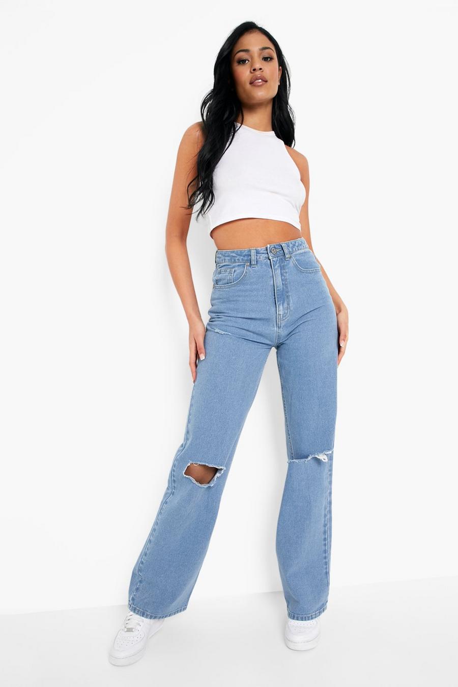 Stonewash blå Tall Mid Rise Busted Knee Boyfriend Jeans