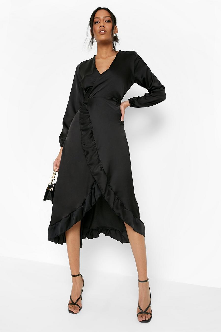 Black Tall Satin Ruffle Maxi Wrap Dress image number 1