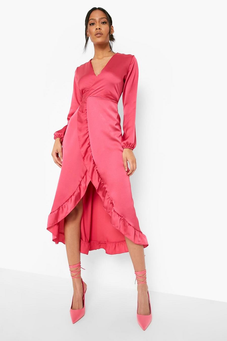 Hot pink rosa Tall Satin Ruffle Maxi Wrap Dress