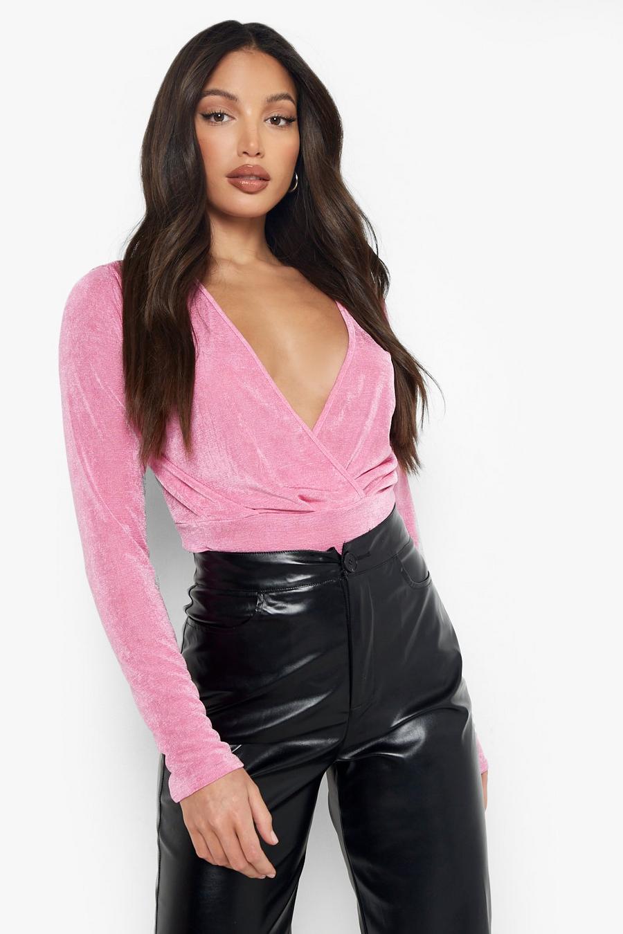 Pink Tall Wrap Over Slinky Bodysuit image number 1