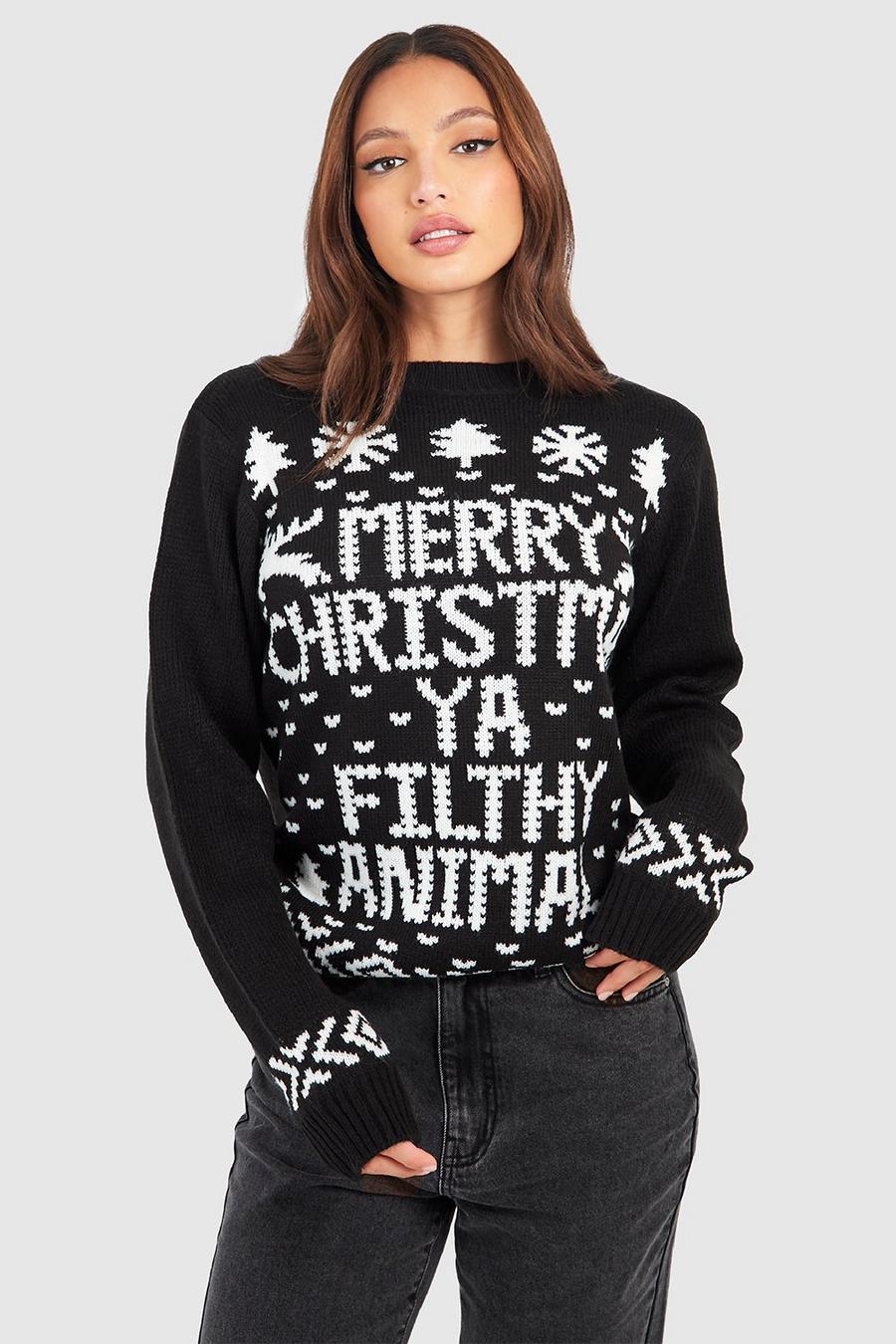 Maglione Tall natalizio con slogan Filthy Animal, Black