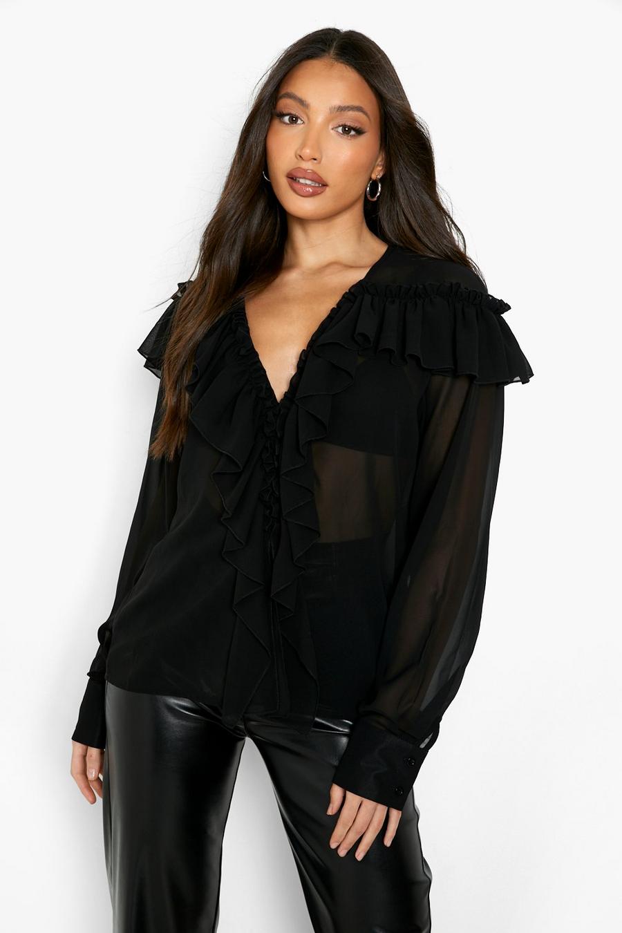 Black Tall Ruffle Detail Front Blouse image number 1