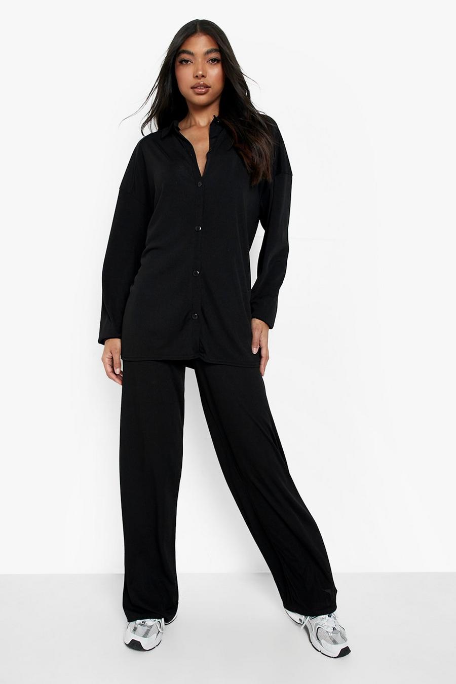 Black Tall Soft Rib Shirt & Trouser Set image number 1