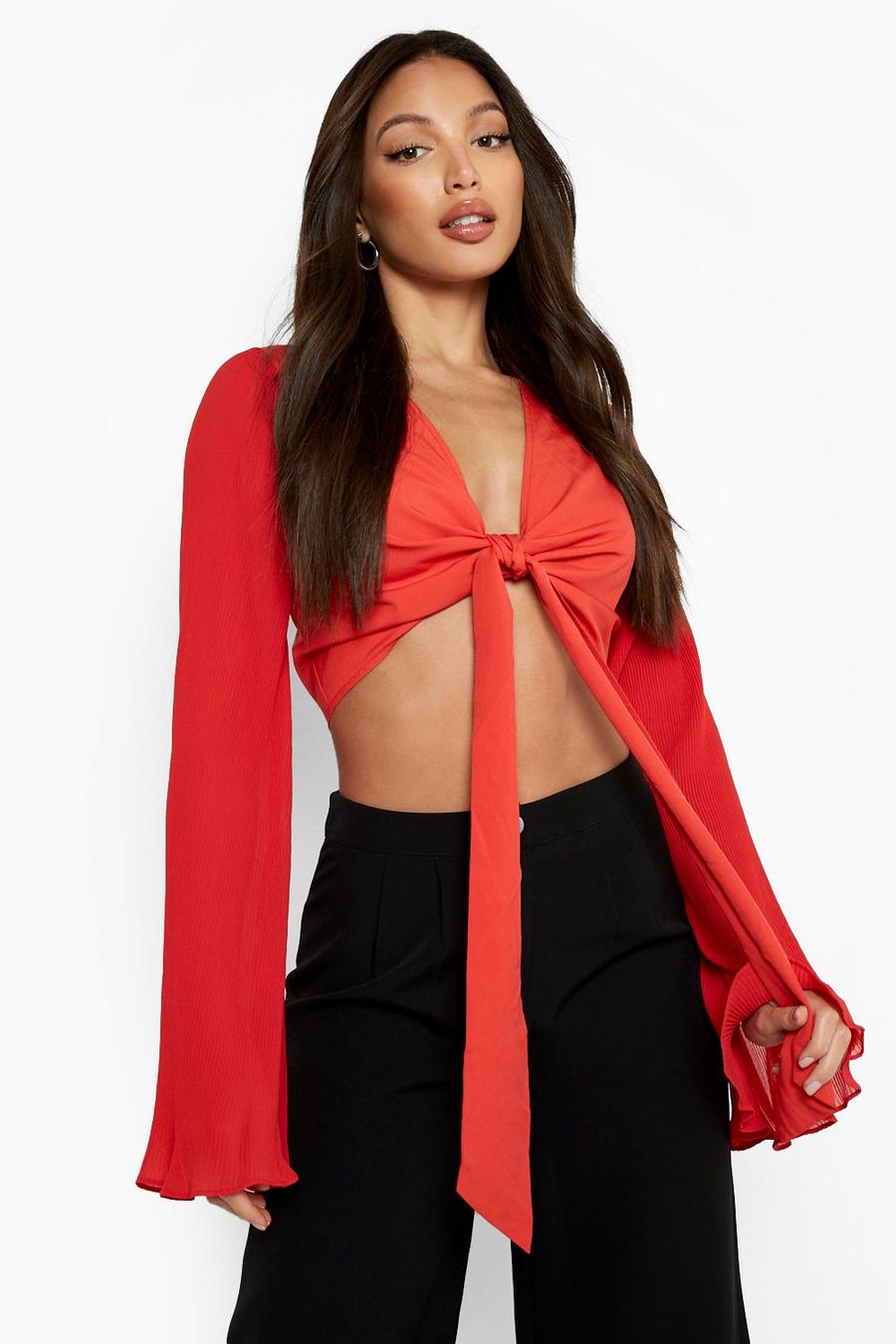 Red Tall Plisse Sleeve Tie Front Blouse image number 1