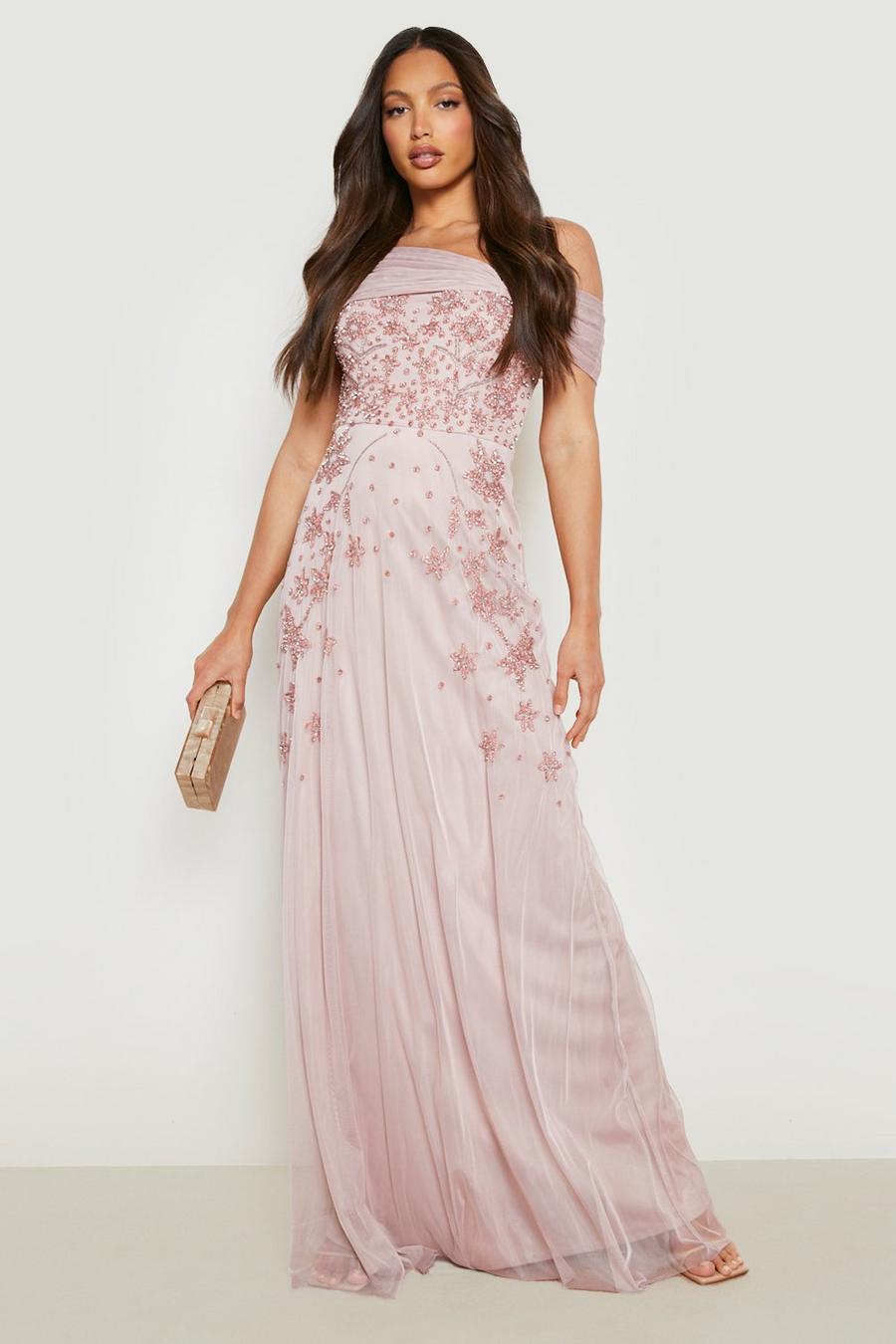 Pale pink rose Tall Bridesmaid Hand Embellished Bow Maxi