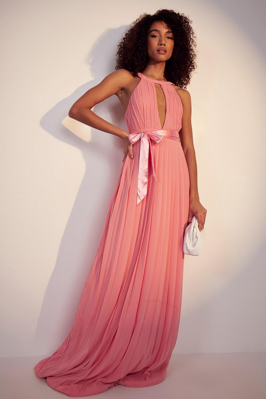 Rose pink Tall - Plisserad långklänning med knytskärp image number 1