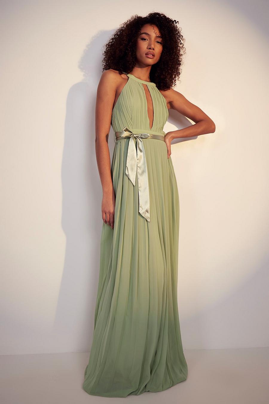 Sage green Tall Pleated Belted Maxi Dress