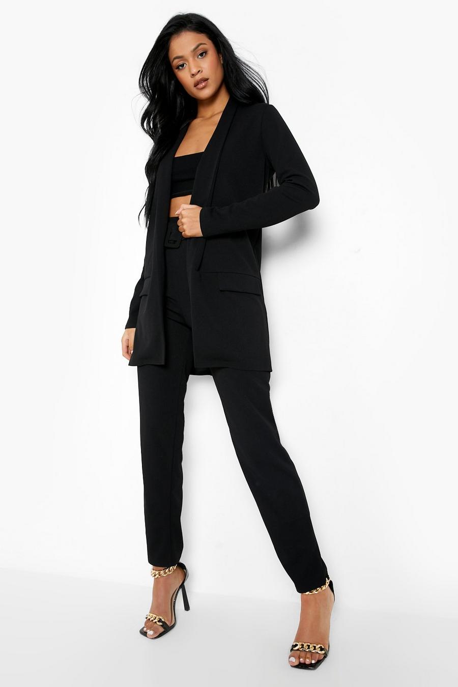 Black Tall Blazer And Belted Trouser Suit Set image number 1