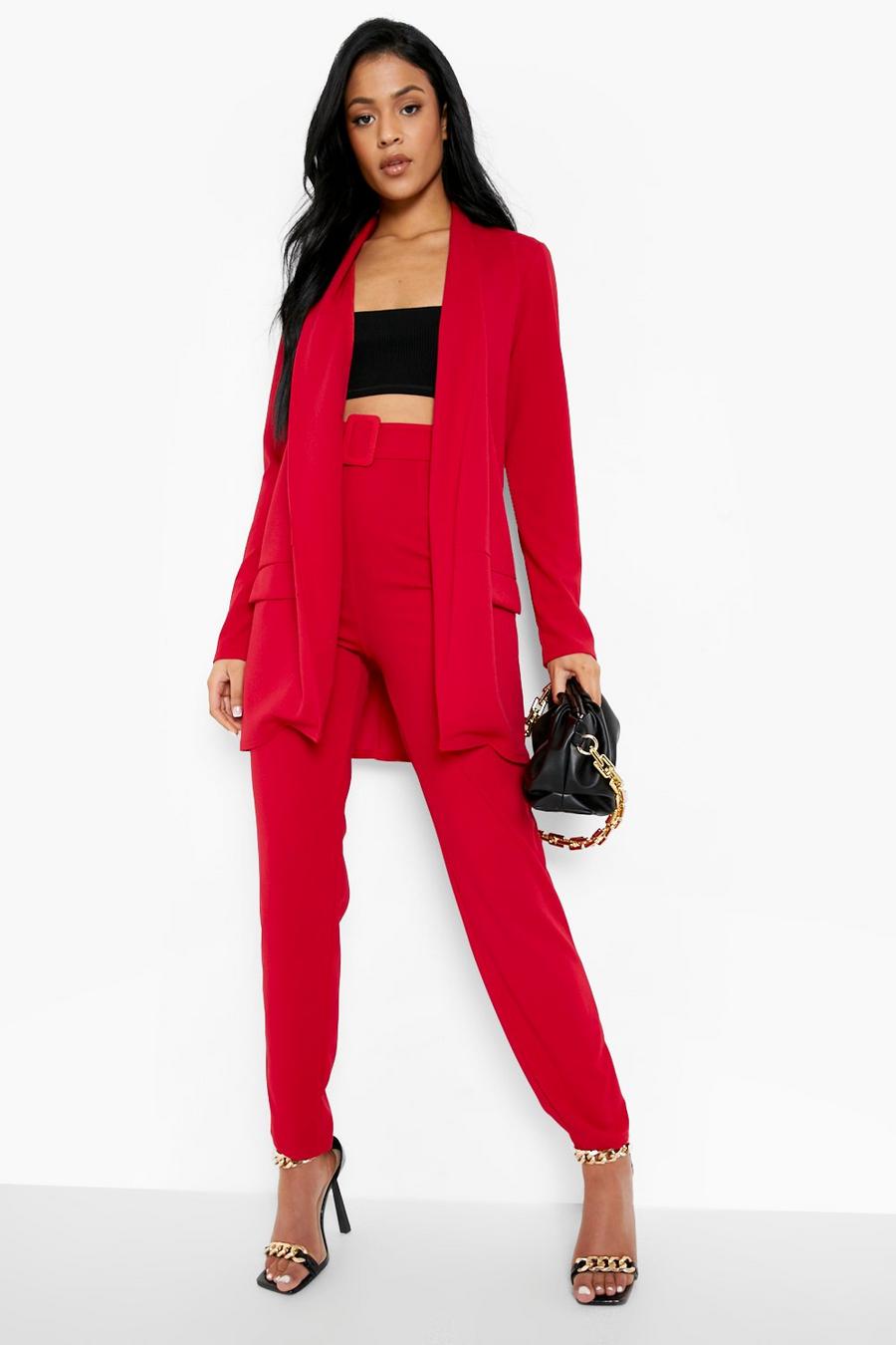 אדום rojo סט מכנסי חליפה עם חגורה ובלייזר, לנשים גבוהות