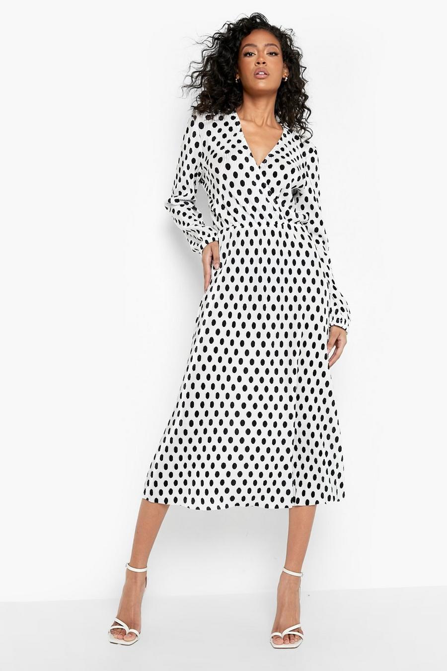 Cream white Tall Pleated Polka Dot Wrap Dress image number 1