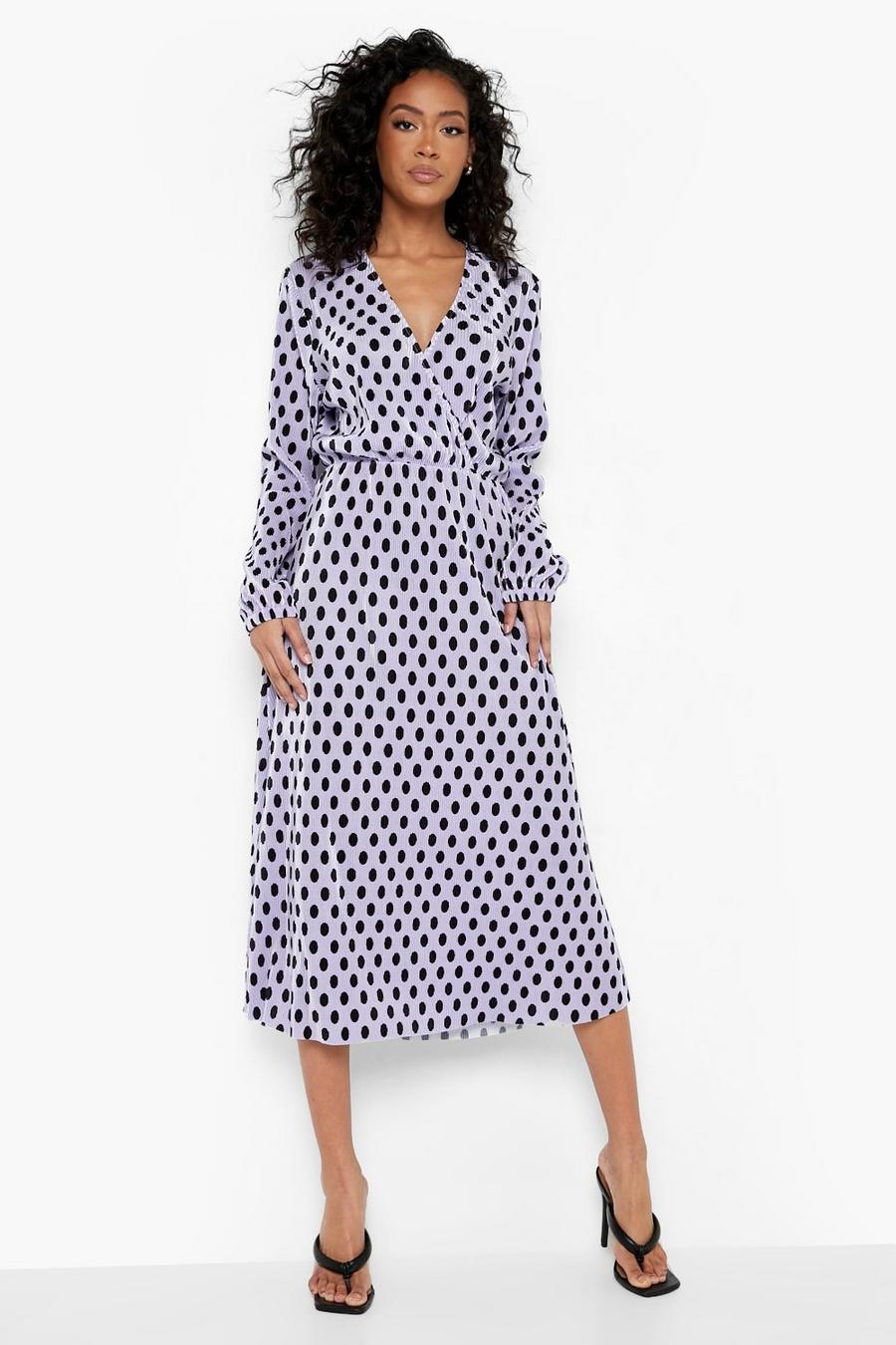 Lilac Tall Pleated Polka Dot Wrap Dress image number 1