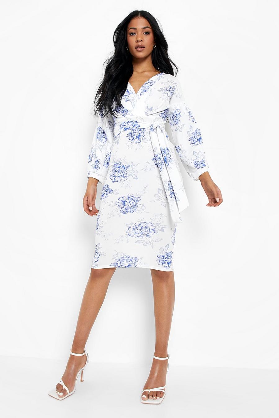 Blue Tall Off Shoulder Wrap Midi Floral Dress image number 1