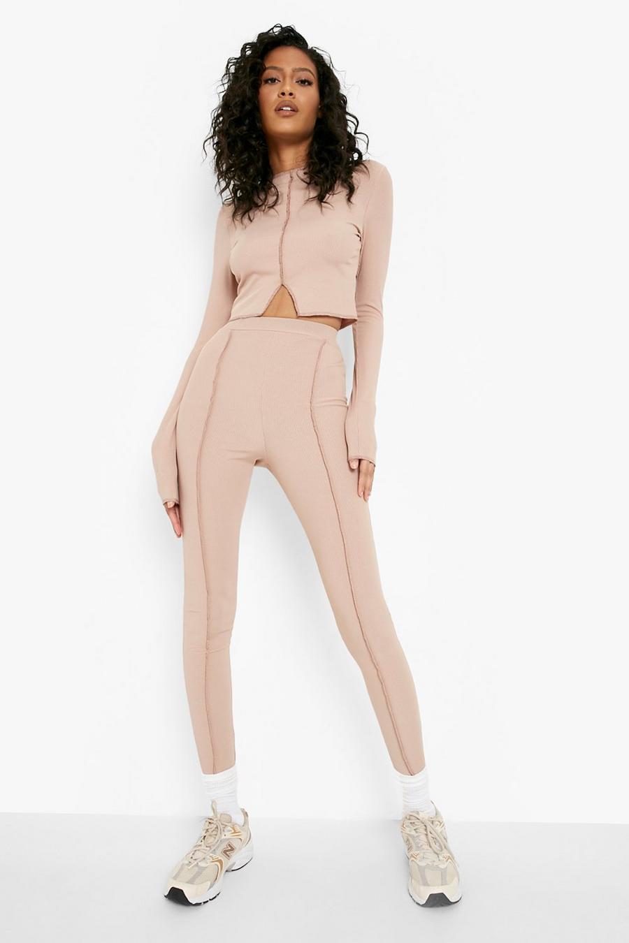 Stone beige Tall Rib Crop Top And Legging Co-Ord image number 1