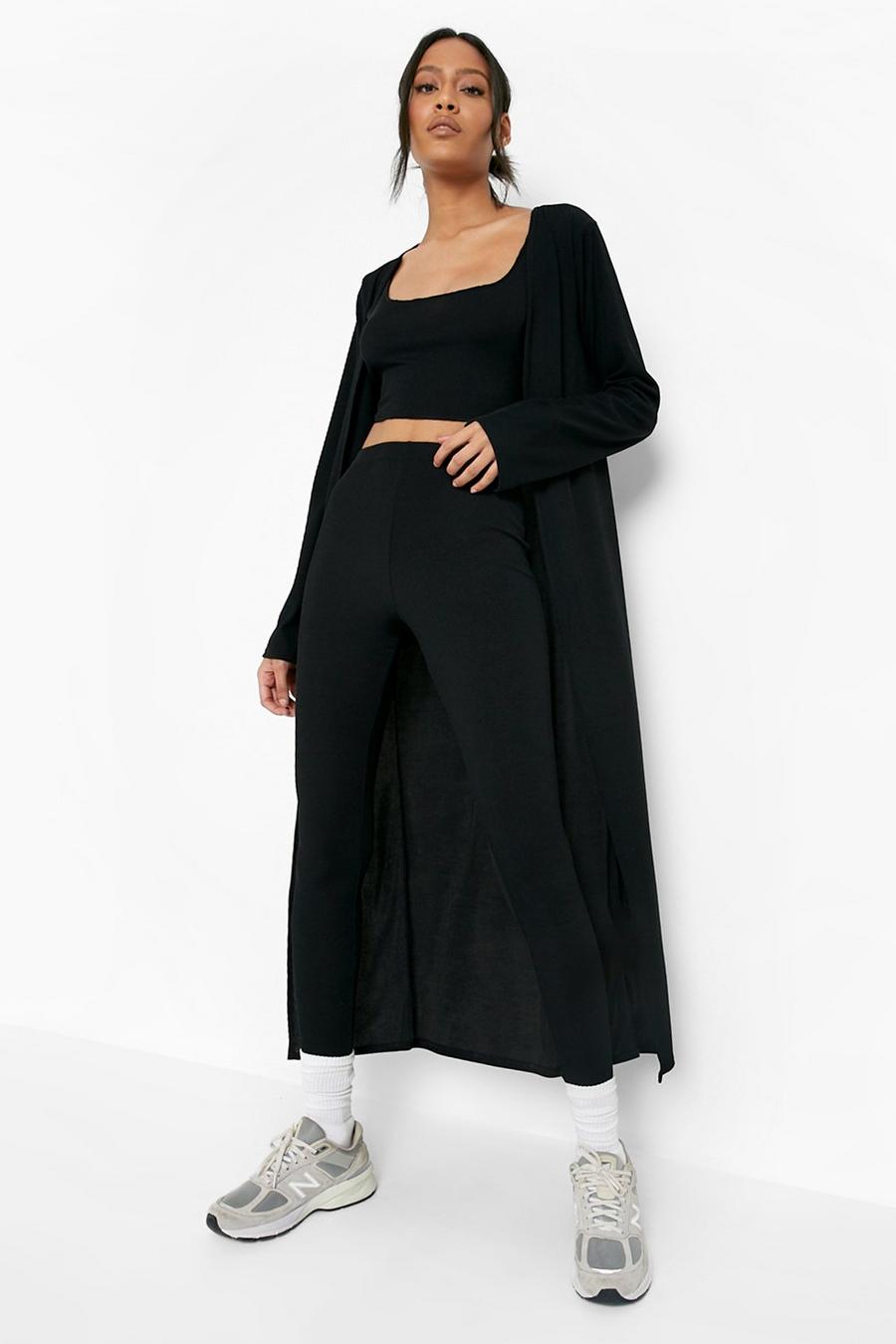 Black Tall Rib Crop Top Trouser And Cardigan Co-Ord image number 1