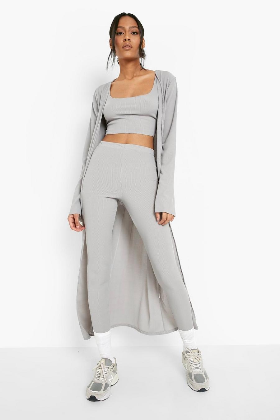 Grey Tall Rib Crop Top Pants And Cardigan Two-Piece image number 1