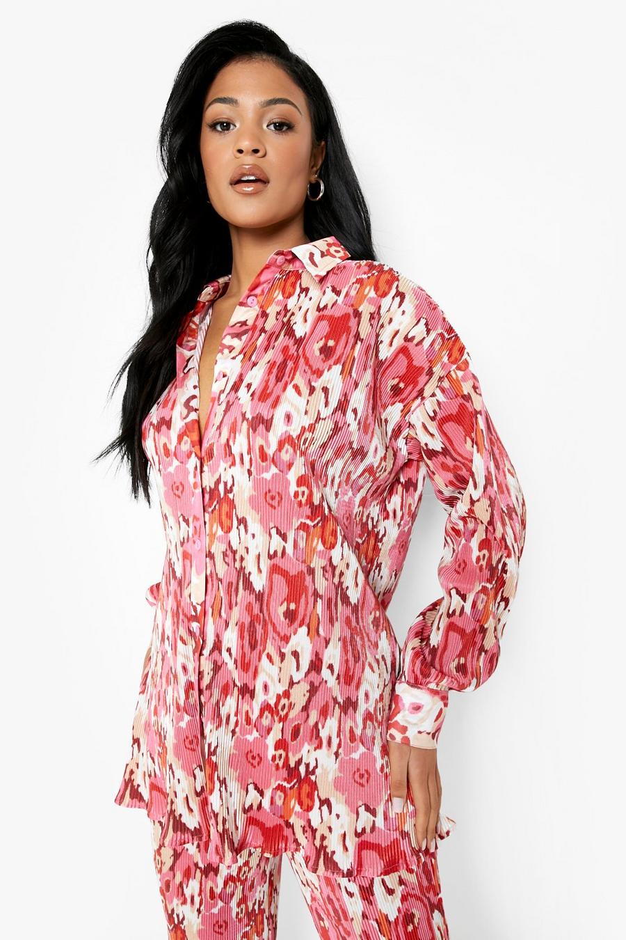 Pink Tall Floral Plisse Print Oversized Shirt