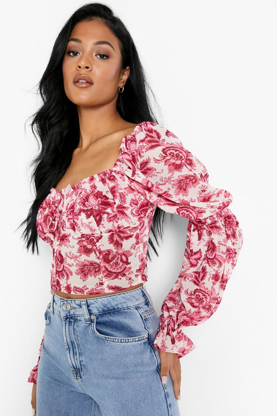 Pink Tall Floral Print Puff Sleeve Square Neck Top image number 1