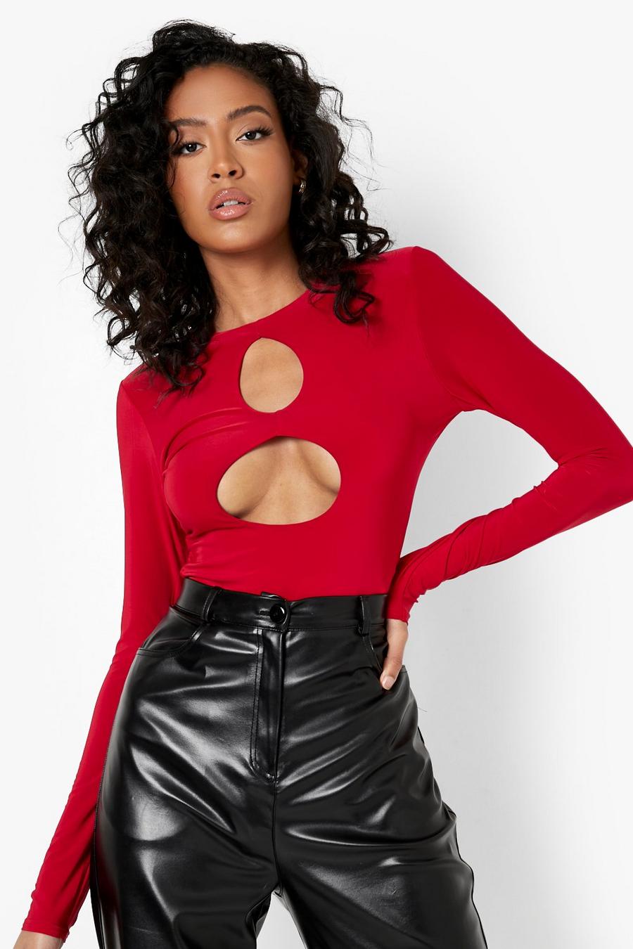 Red Tall Double Layer Slinky Cut Out Bodysuit image number 1