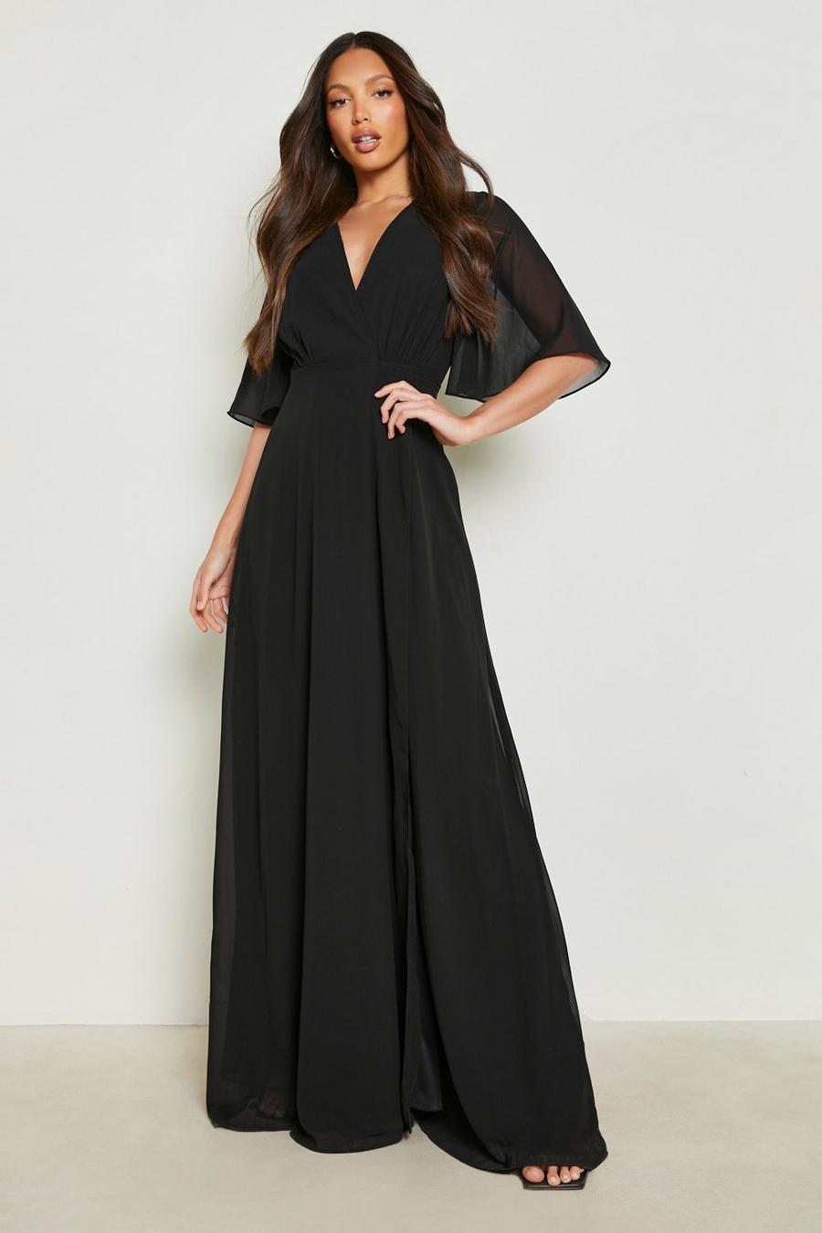 Black noir Tall Angel Sleeve Wrap Bridesmaid Dress image number 1