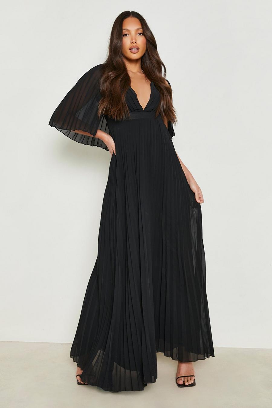 Black noir Tall Pleated Cape Bridesmaid Maxi Dress image number 1