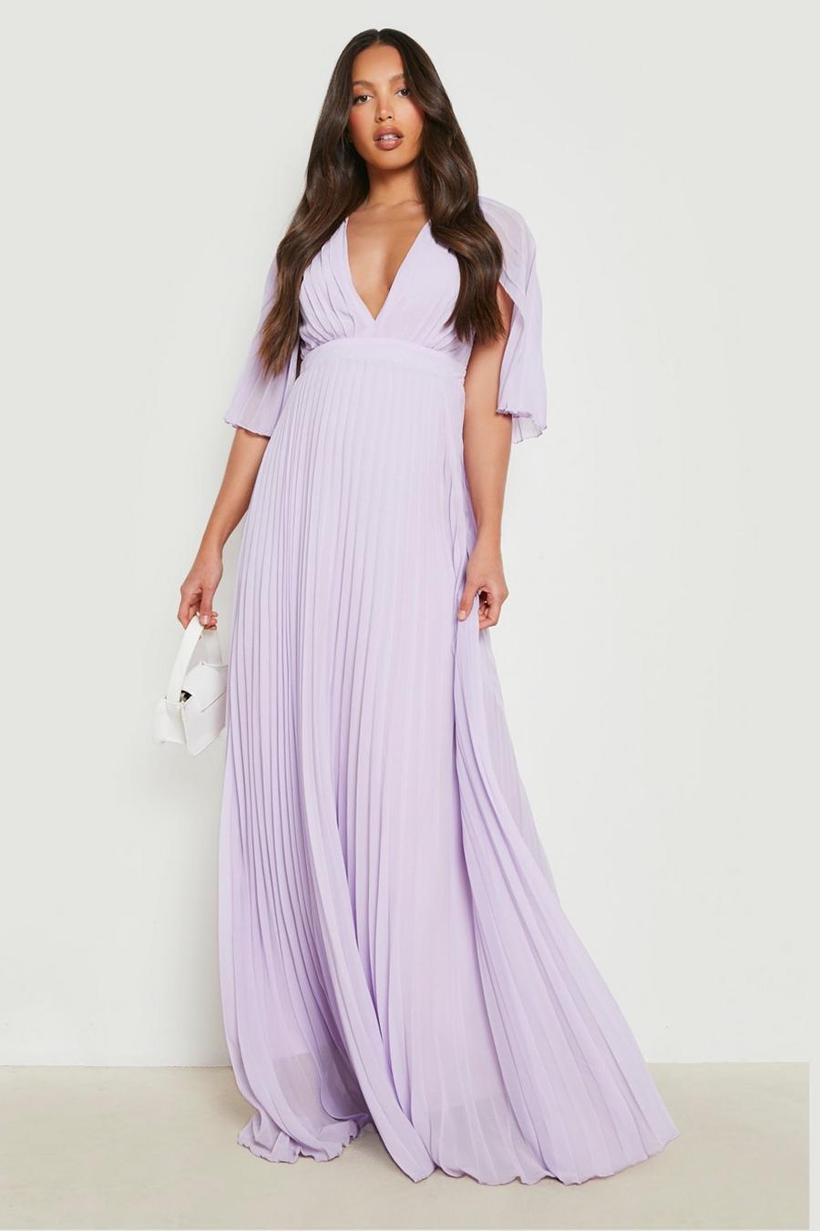 Lilac purple Tall Pleated Cape Bridesmaid Maxi Dress