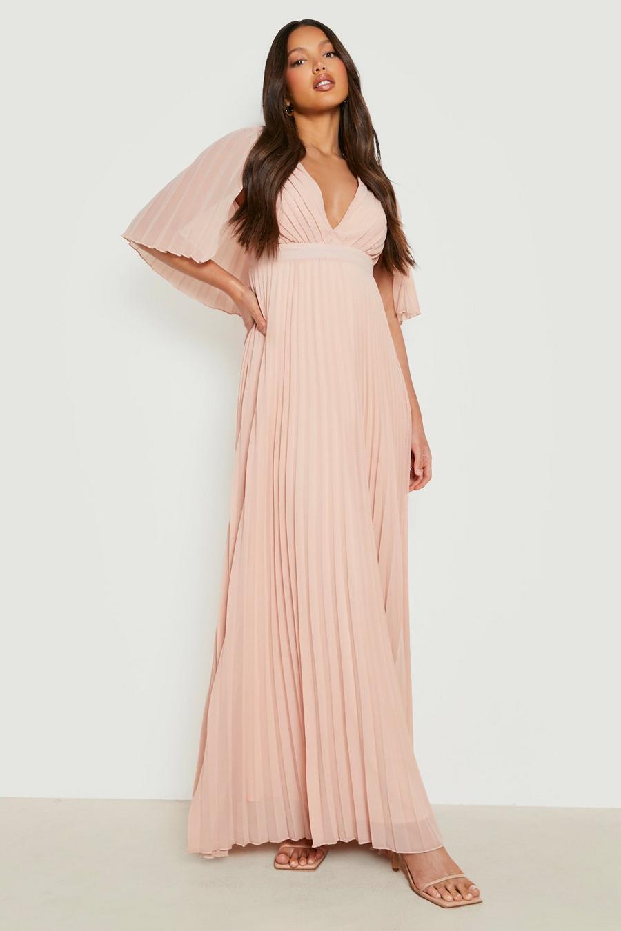 Rose pink Tall Pleated Cape Bridesmaid Maxi Dress
