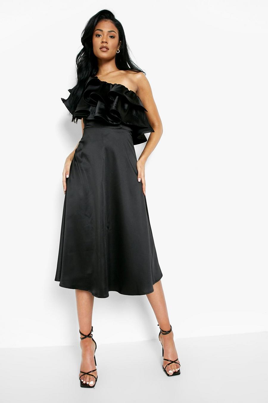 Black Tall One Shoulder Ruffle Satin Midi Dress image number 1