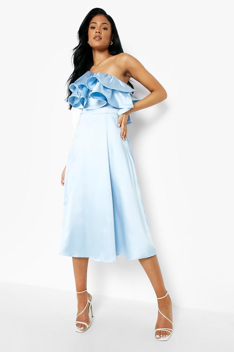 Pastel blue Tall One Shoulder Ruffle Satin Midi Dress image number 1