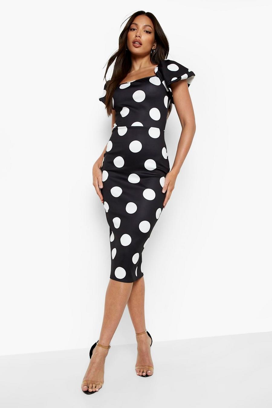 Black Tall Polka Dot Frill Detail Midi Dress image number 1