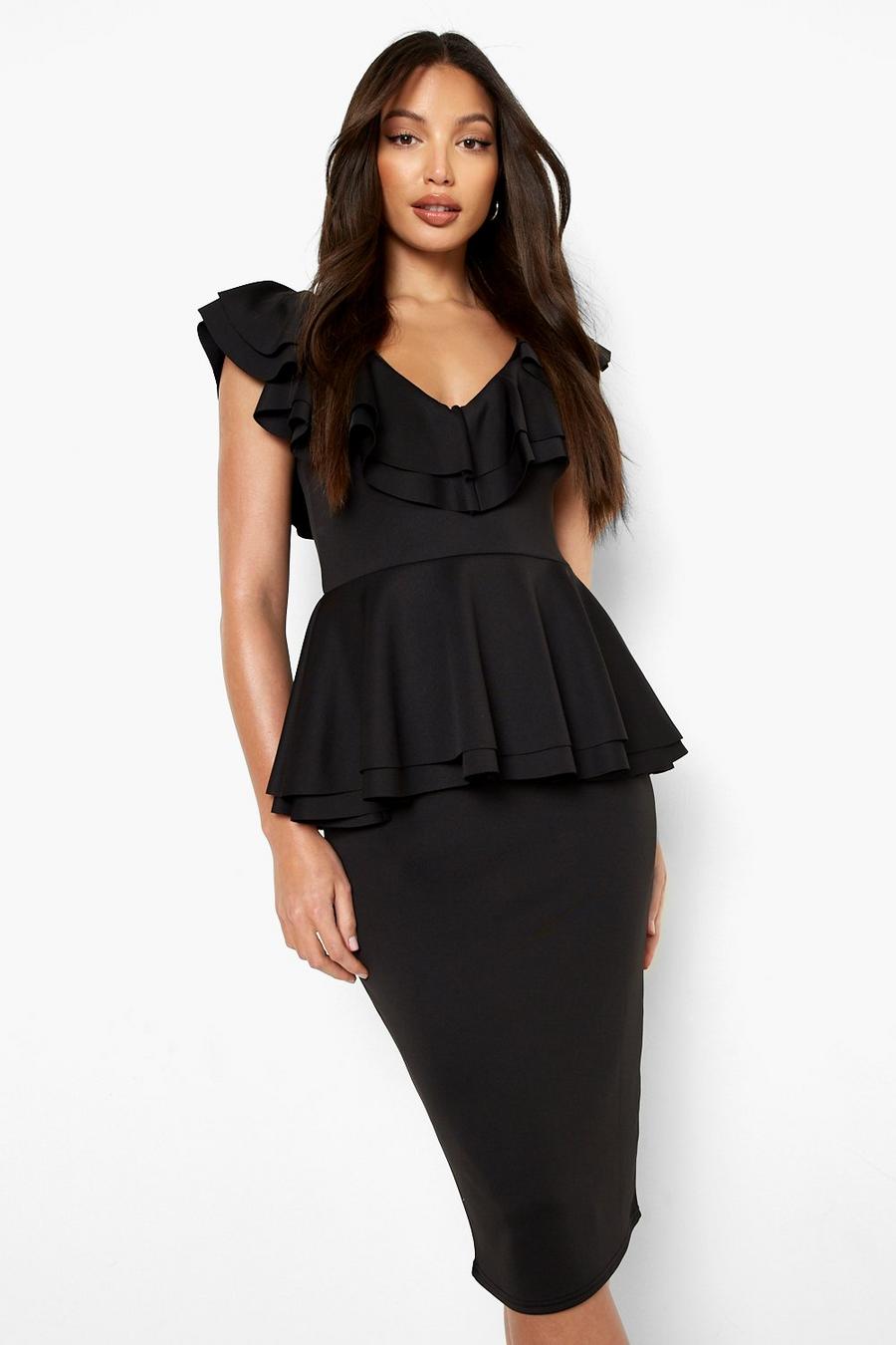 Black שמלת מידי צמודה עם סלסולים ופפלום לנשים גבוהות image number 1