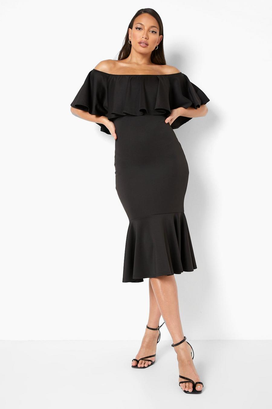Black svart Tall Off The Shoulder Frill Detail Midi Dress