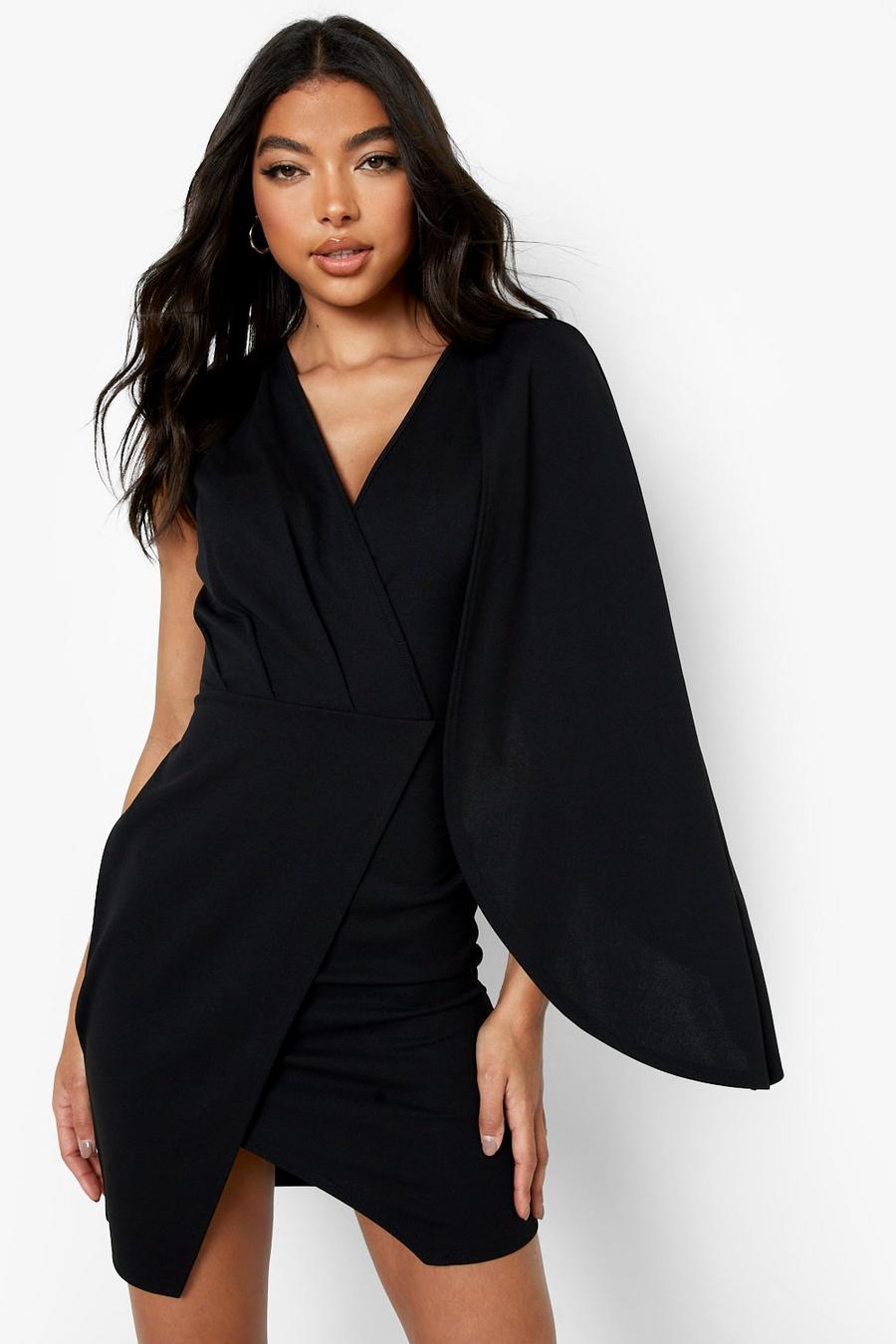 Black Tall One Cape Shoulder Wrap Bodycon Dress image number 1