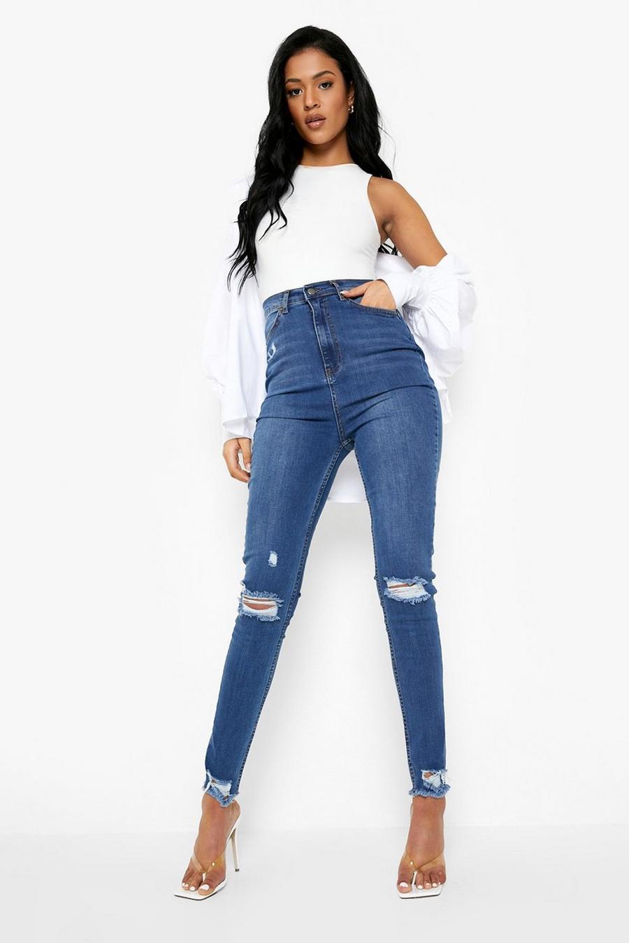 Mid blue Tall Rip Knee Frayed Hem Skinny Jeans image number 1