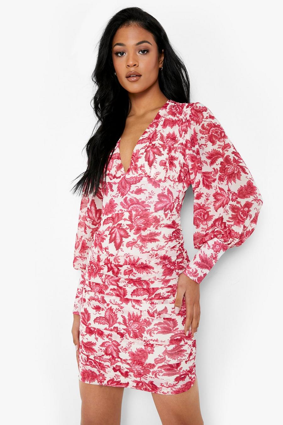 Pink Tall Floral Puff Sleeve Ruched Mini Dress image number 1