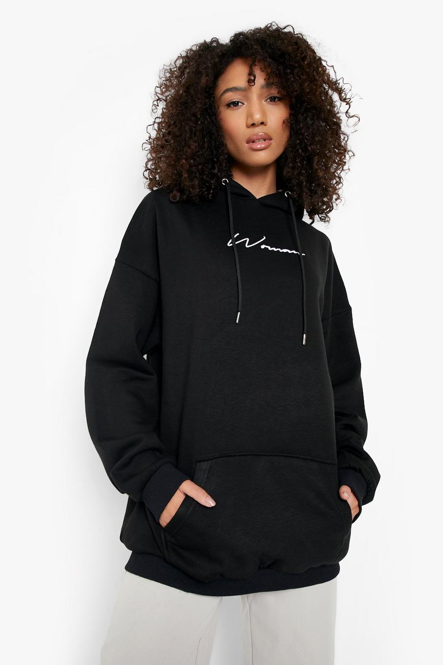 Black Tall Recycled Woman Embroidered Script Hoodie image number 1