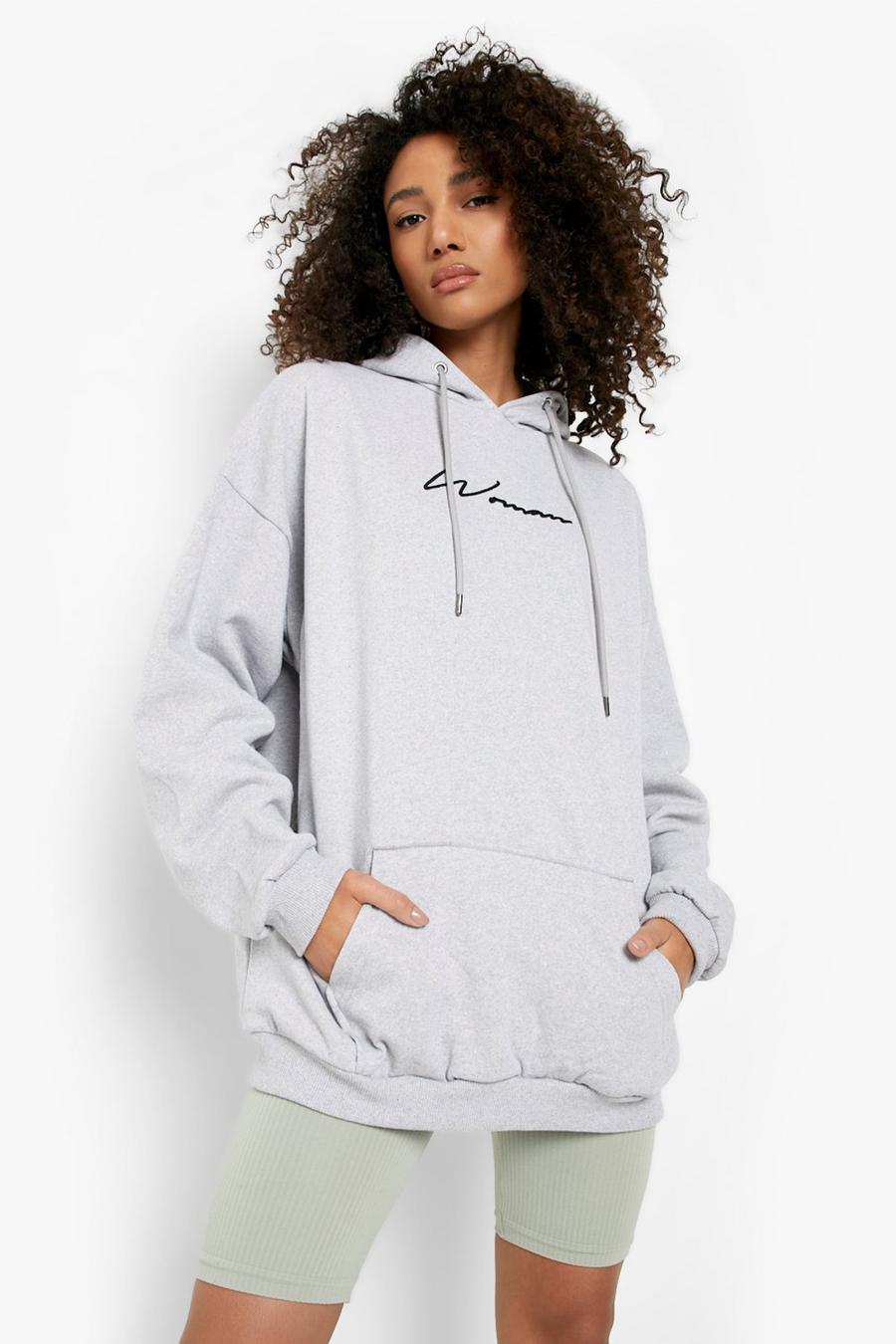Grey Tall Recycled Woman Embroidered Script Hoodie image number 1