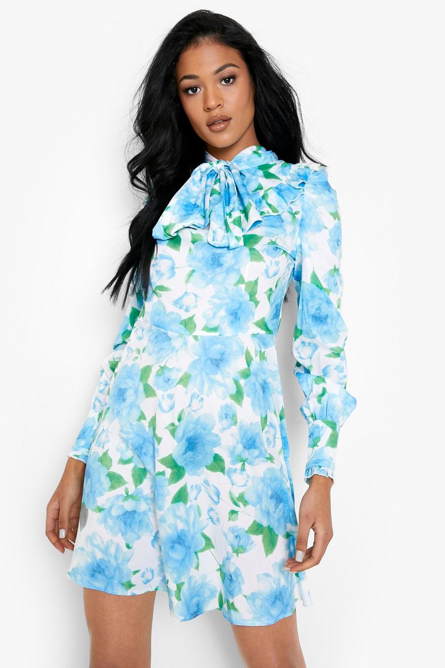Blue Tall Floral Tie Neck Woven Skater Dress image number 1
