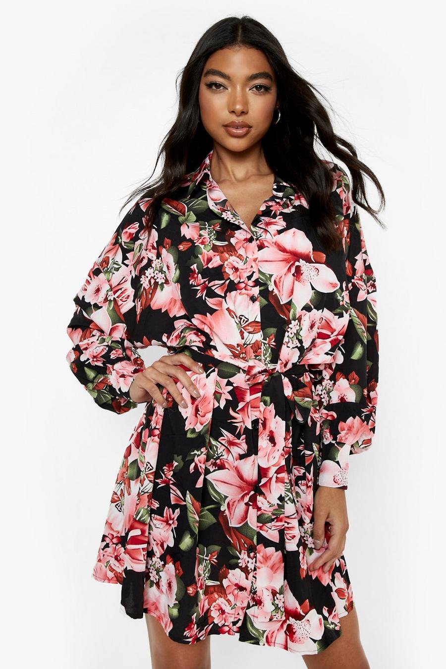 Black Tall Floral Woven Belted Shirt Dress image number 1