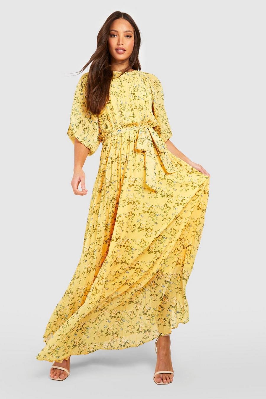 Yellow Tall Plisserad blommig långklänning med puffärm image number 1