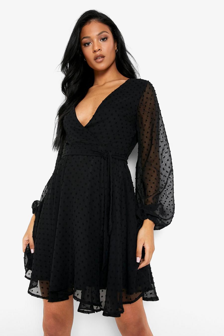 Black Tall Organza Sleeve Wrap Tiered Skater Dress image number 1