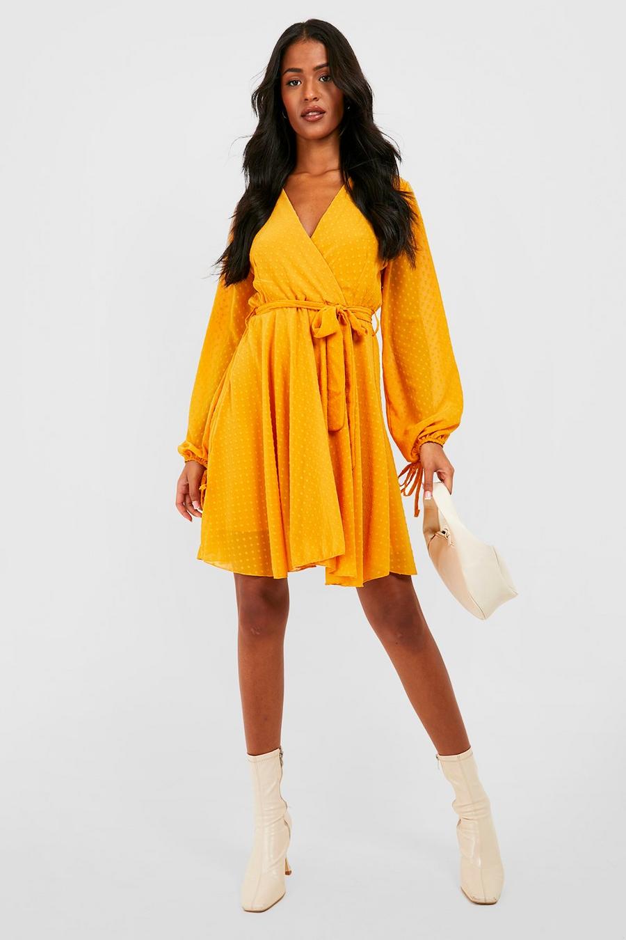 Mustard Tall Organza Sleeve Wrap Tiered Skater Dress image number 1
