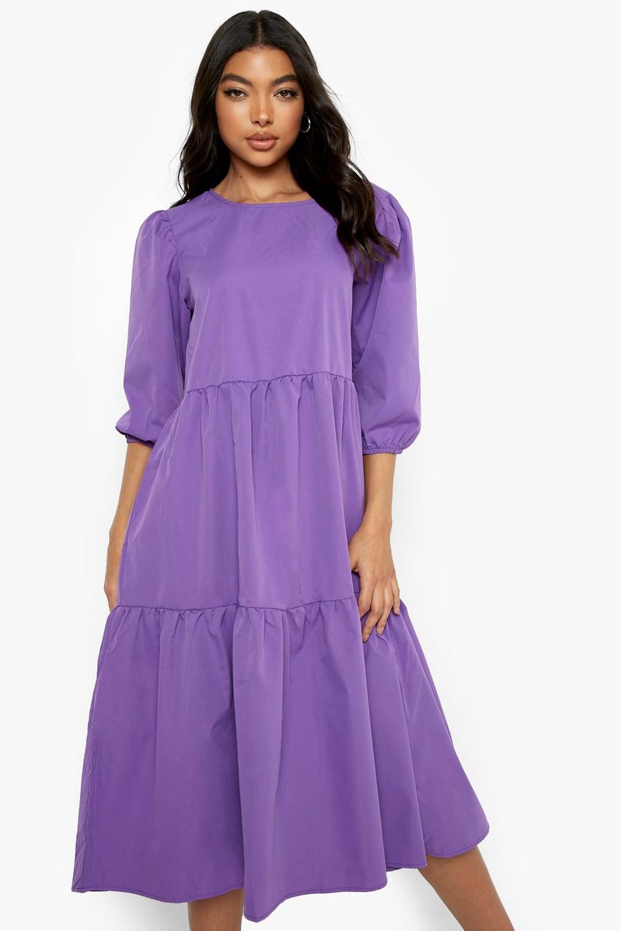 Purple Tall Poplin Tired Midi Smock Dress image number 1