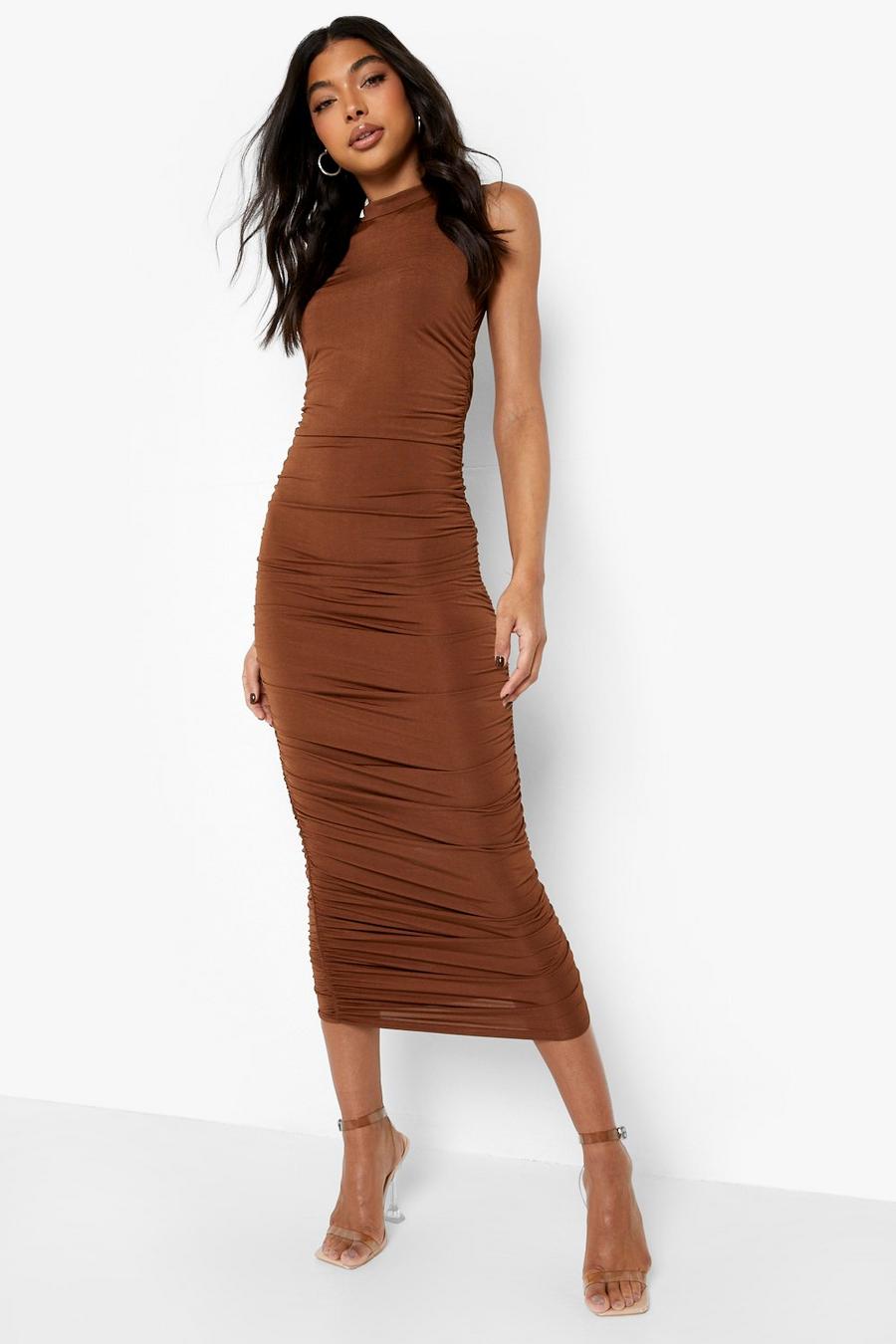 Chocolate Tall High Neck Ruche Side Midi Dress image number 1