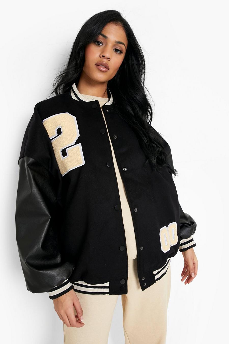 Black Tall Oversized Varsity Jacket image number 1