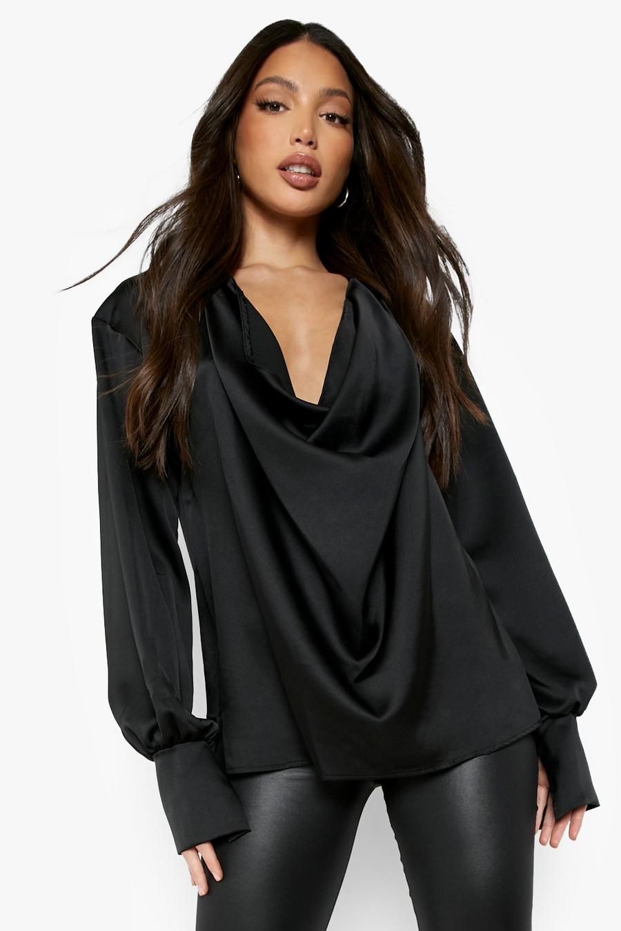 Black Tall Cowl Neck Oversized Cuff Shirt image number 1