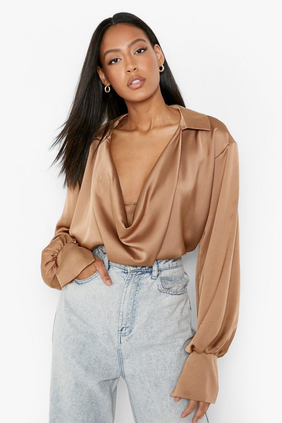 Mocha Tall Cowl Neck Oversized Cuff Shirt image number 1