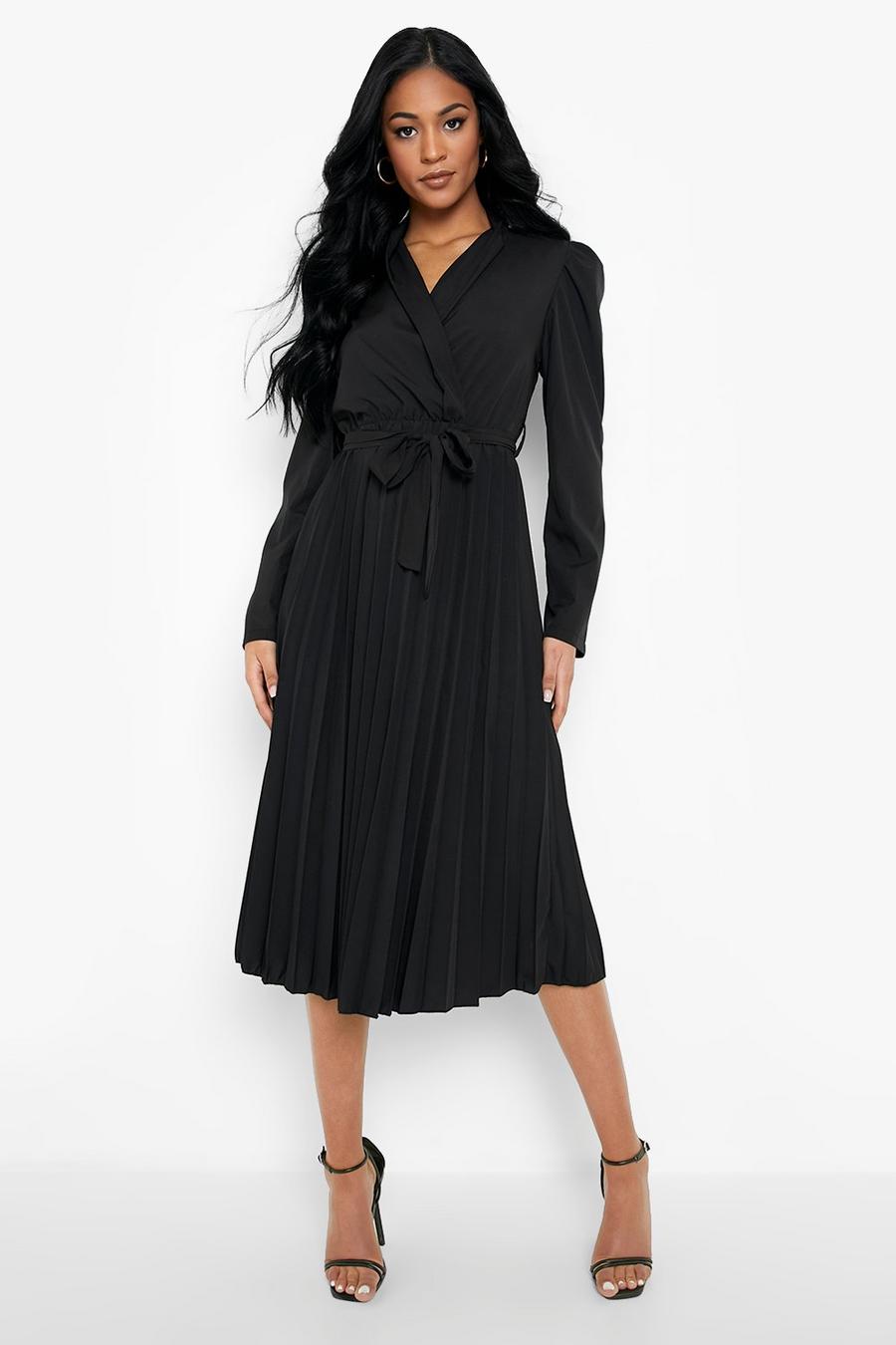 Tall - Robe portefeuille plissée à manches bouffantes, Black image number 1