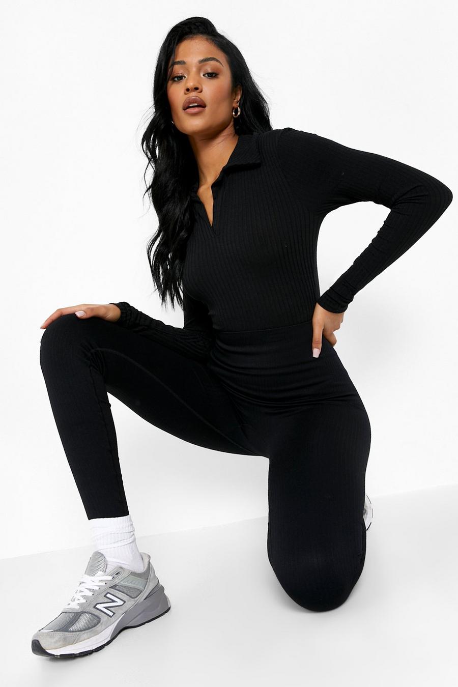 Black Tall Knitted Rib Collared Bodysuit image number 1
